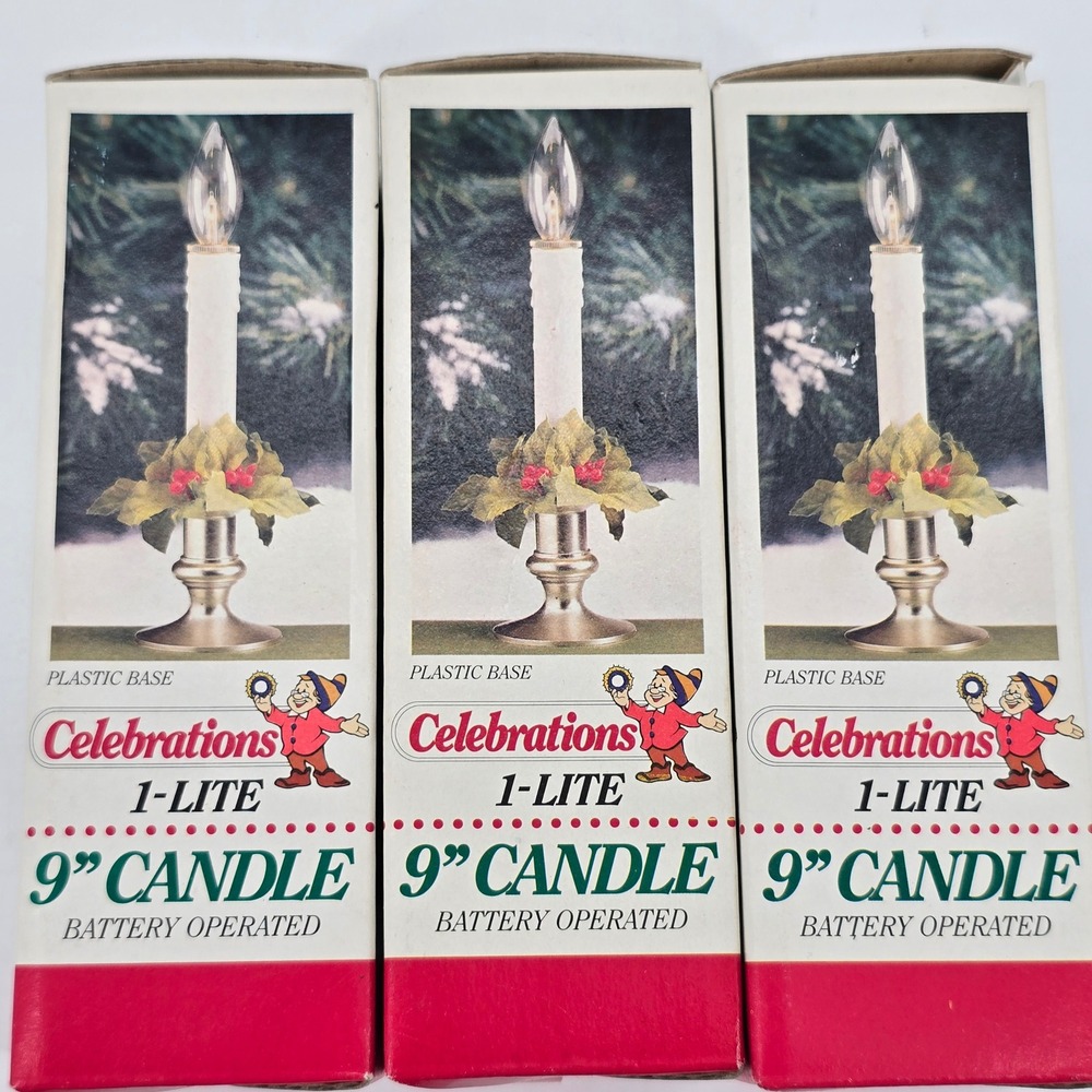 Celebrations Candle Set of 3 9" Battery Operated Gold Base Holly Christmas Good